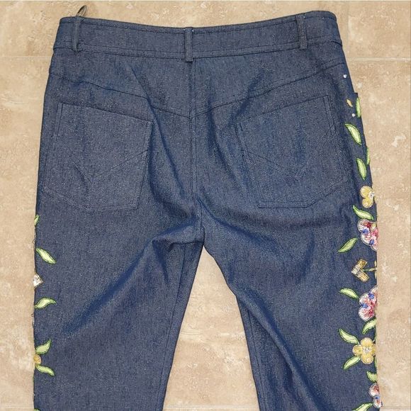 2002 Christian Dior VTG Blue Metallic Denim Pants w/Floral Embellishments - sz 8 - Picture 5 of 14